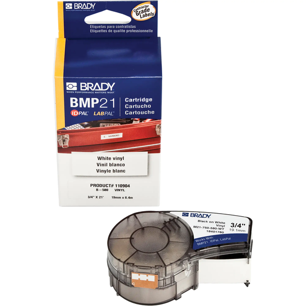 Brady M21-750-595-WT BMP21 Tape B- 595 Indoor/Outdoor Vinyl Film Size: 3/4" X 21' BLK/WHT / Qty 1