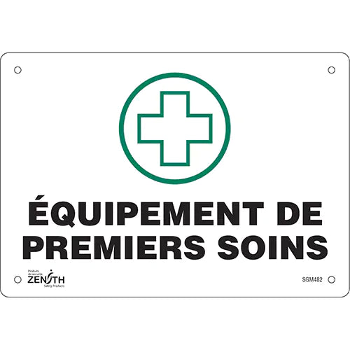 "Premiers Soins" Sign, 7" x 10", Plastic, French with Pictogram / Qty 1