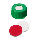 La Pha Pack  09 15 1332 Screw Cap (Green) 9mm PP Short Thread Cap, green, centre hole; Silicone white/PTFE red, 55° shore A, 1.0mm UltraClean