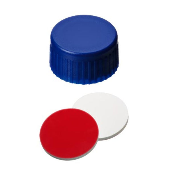 09151799 Screw Cap (Blue) 9 mm, closed top, Silicone white/PTFE red, 55° shore A, 1.0mm