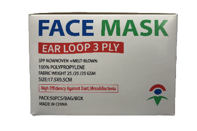 Disposable Face mask 3 Ply, Ear Loops, Blue, 100% Polypropylene / Qty 50