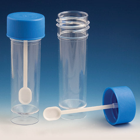 Globe 109117  Container, Fecal, 30mL, Attached Screwcap with Spoon, PS, Conical Bottom, Self-Standing