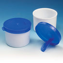 Globe 109224  Container, Fecal, 20mL, White Container with Blue Cap, Attached Spoon, 100/Bag, 12 Bags/Case