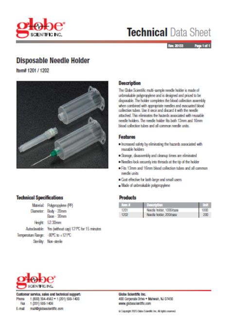 1202  Globe Scientific Polypropylene Universal Fit Needle Holder, Multi-Sample for Single Use / Qty 200