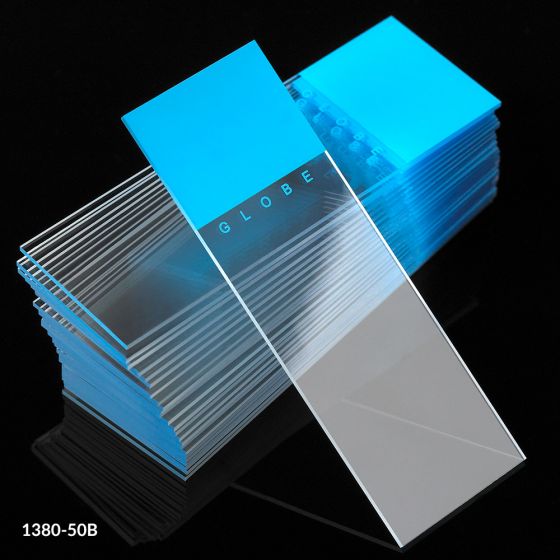 Globe 1380-50B 	Microscope Slides, Diamond White Glass, 25 x 75mm, 90° Ground Edges, BLUE Frosted