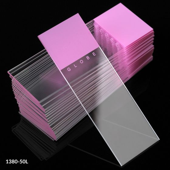 Globe 1380-50L Microscope Slides, Diamond White Glass, 25 x 75mm, 90° Ground Edges, LILAC Frosted