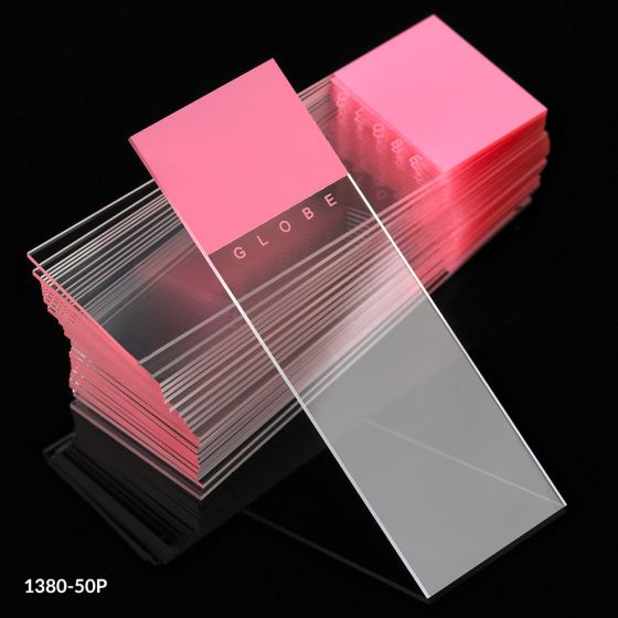 Globe  1380-50P   Microscope Slides, Diamond White Glass, 25 x 75mm, 90° Ground Edges, PINK Frosted