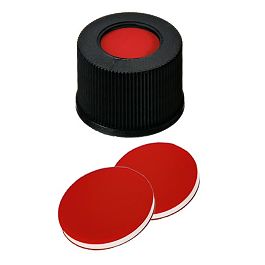 13 15 0292  Screw Cap 13mm Combination Seal: PP Screw Cap, black, centre hole; PTFE red/Silicone white/PTFE red, 45° shore A, 1.0mm
