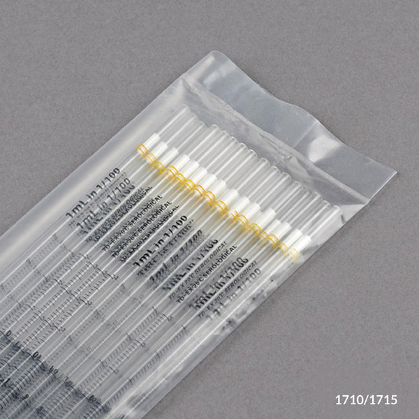 Globe 1710 1mL, Serological Pipette, PS, Standard Tip, 275mm, STERILE, Yellow Striped, 25/Pack, 40 Packs/Box