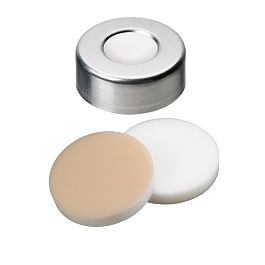 20 03 0901 20mm Combination Seal: Aluminum Crimp Cap, plain, centre hole; Silicone white/PTFE beige, 45° shore A, 3.2mm