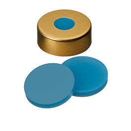 20030975 UltraClean Closure: 20mm Magnetic Cap, gold lacquered, 8mm centre hole; Silicone transparent blue/PTFE transparent, 45° shore A, 3.0mm