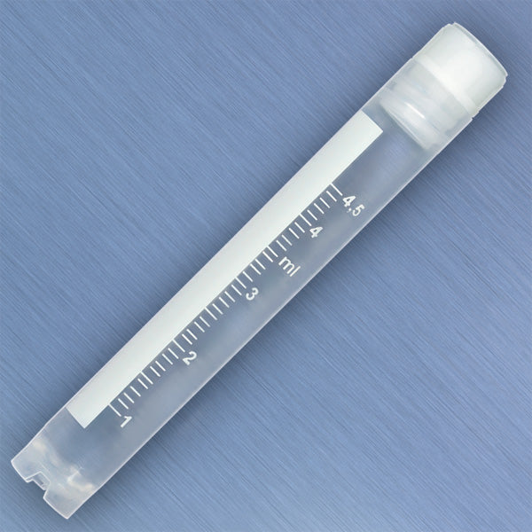 Globe 3008 CryoClear Vials, 5.0mL, STERILE, Internal Threads, Attached Screwcap with Co-Molded Thermoplastic Elastomer (TPE) Sealing Layer, Round Bottom, Self-Standing, Printed Graduations, Writing Space and Barcode