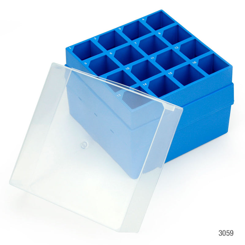 Globe 3059 Storage Box with Lid for 50mL Centrifuge Tubes, 16-Place (9x9), PP, Blue Base & Clear Lid
