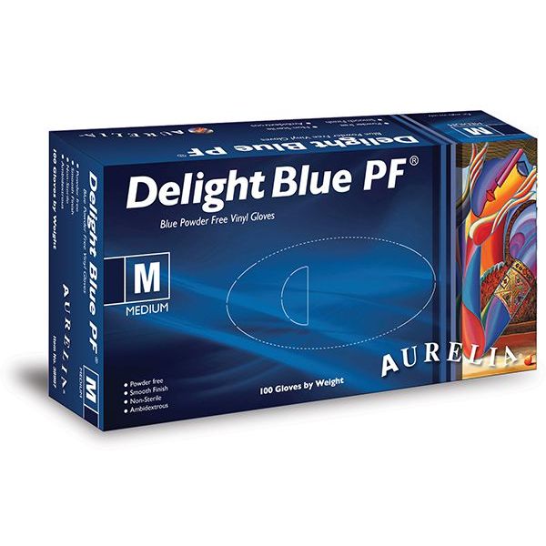 Aurelia Vinyl Powder-Free Exam Gloves Delight Blue PF, Medium / Qty 100