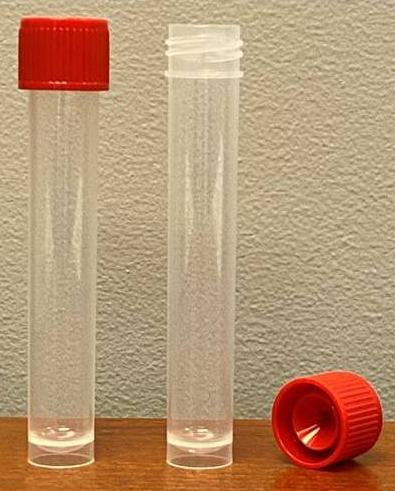 Globe Scientific 6102S-R Transport Tube, 10mL, with Attached Red Screw Cap, STERILE, PP, Rounded Bottom, Self-Standing / Qty 1000