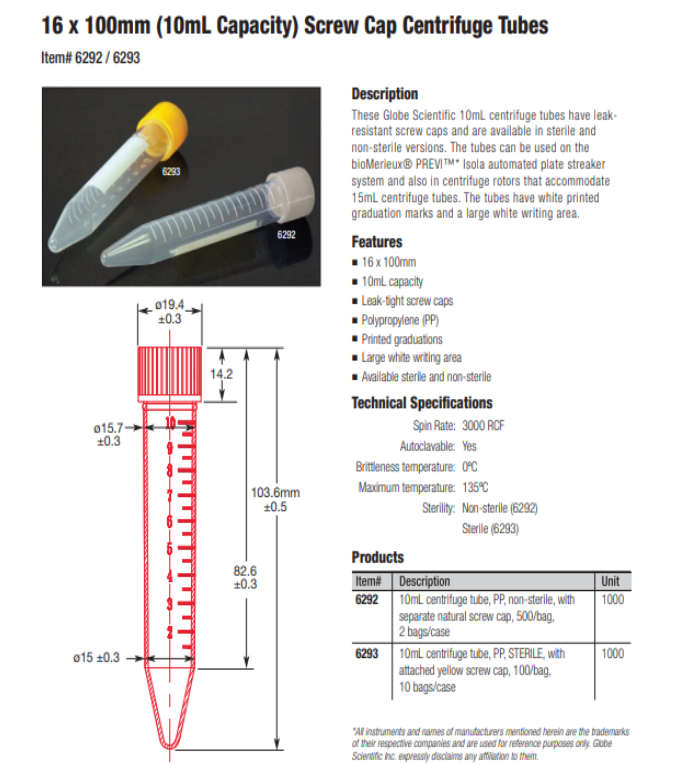 Globe 6293 Centrifuge Tube, 10mL, with Attached Yellow Screw Cap, PP, Printed Graduations, STERILE, Qty/ 1000