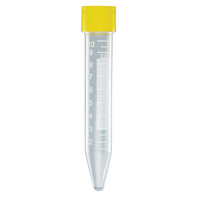Globe 6293 Centrifuge Tube, 10mL, with Attached Yellow Screw Cap, PP, Printed Graduations, STERILE, Qty/ 1000
