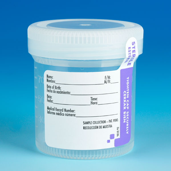 6526 Globe Container: Tite-Rite, Wide Mouth, 90mL (3oz), PP, STERILE, Attached White Screw Cap, ID Label with Tab Seal, Graduated