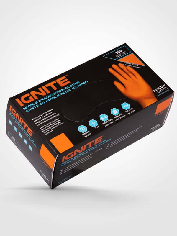 Aurelia Ignite Nitrile Gloves 7mil, PF, Diamond Grip, Orange