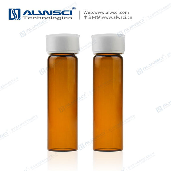 ALWSCI C0000335  40mL 27.5x95mm Amber Glass EPA/TOC Vial 24-400 White Open Top PP Screw Cap with 22mm Natural PTFE/White Silicone 3.0mm thick Septa (EPA Quality). 72pcs/pk.
