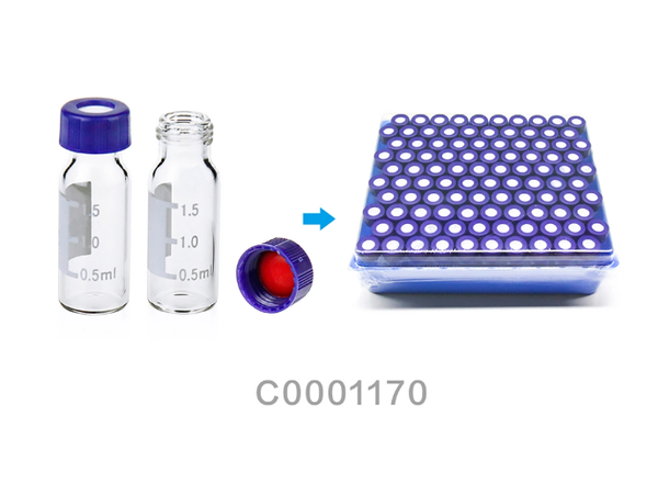 ALWSCI C0001170 2mL Vial kit Ultra Clean, Clear Glass  Flat Base 9-425 Thread Label. Blue Cap, Red PTFE/White Silicone / Qty 100