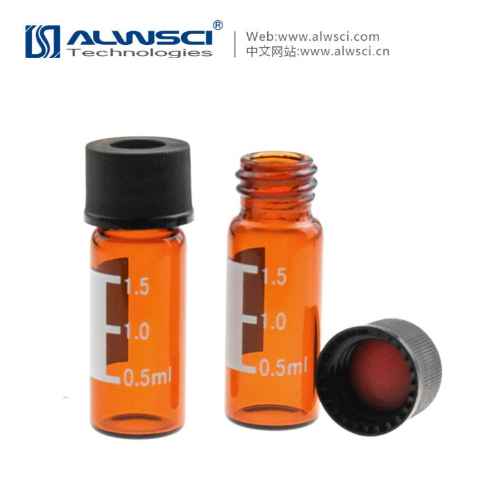 ALWSCI C0001198  2mL Amber Glass 12x32mm Flat Base 10-425 Screw Thread Vial with Label. Black 10-425 Open Top Screw Cap with Red PTFE/White Silicone Septa 1.0mm Thick. Kit Packing. 100pcs/pk