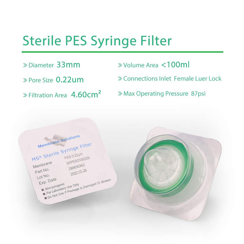 Syringe Filter, Sterile, Individually Packed, PES Membrane 0.45um Pore Size, 33mm Diameter, Hydrophilic / Qty 10