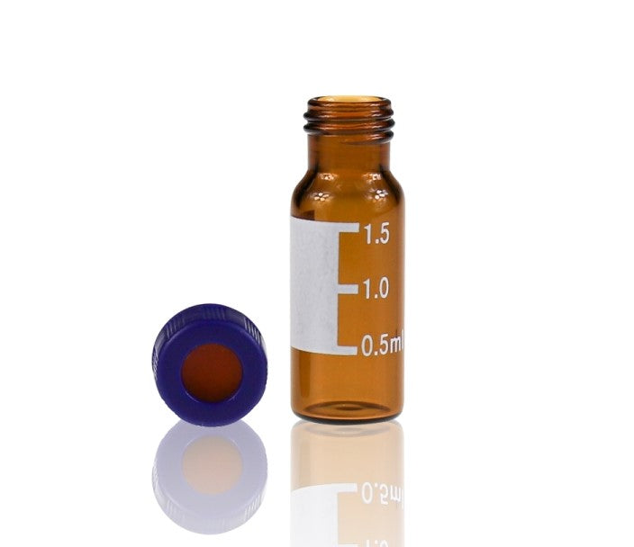 ALWSCI C0000961 2mL Amber Glass Vial Flat Base 9-425 Screw Thread with Label. Blue 9-425  Cap with 9mm PTFE/Silicone Septa/ Qty 100